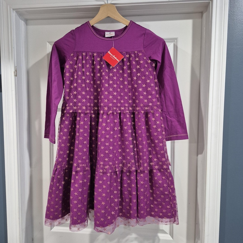 Hanna Andersson Dress Girls 140 cm‎ 10 Purple Star Tiered Long Sleeve Holiday